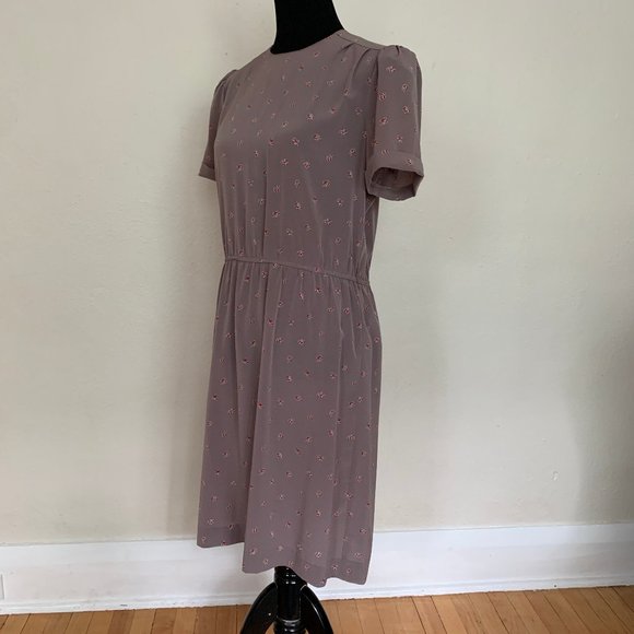 Vintage 80s taupe floral day dress sz M - Picture 2 of 5